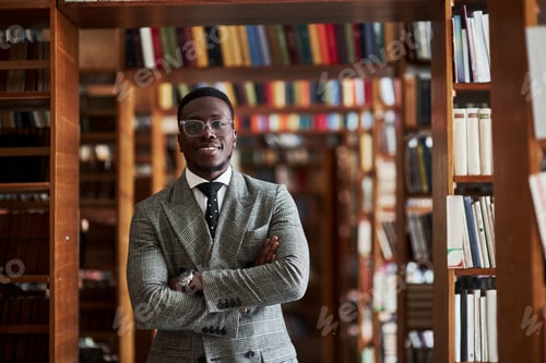 Preview: An African American man in a business suit standing in a library in the reading room
