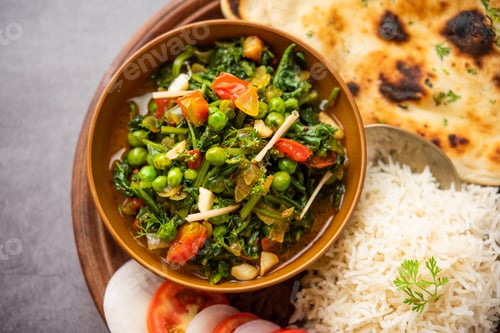 Preview: palak matar curry also known as spinach geen peas masala sabzi or sabji, indian food