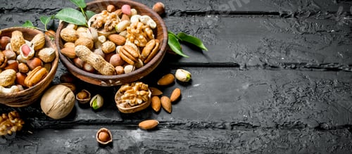 Preview: Assortment of different types of nuts in bowls.