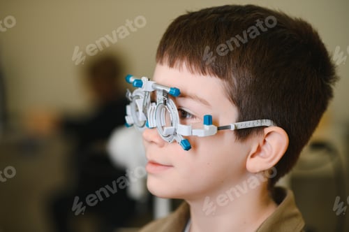 Preview: Child patient undergoing vision diagnostics with trial frame in ophthalmology clinic
