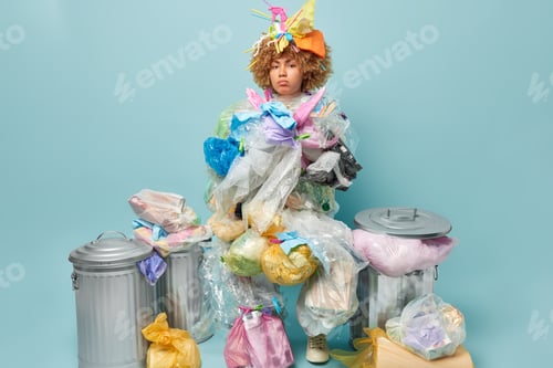 Preview: Sad discontent woman with curly hair surrounded by plastic rubbish works as volunteer to save our pl