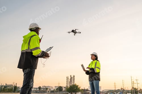Preview: Team of Engineer Specialists Pilot Drone on Construction Site.