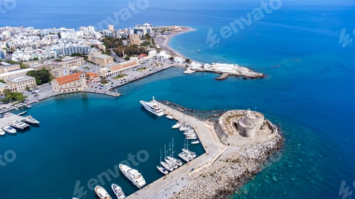 Preview: Mandraki port of Rhodes city harbor and Elli beach Rhodes island in Greece