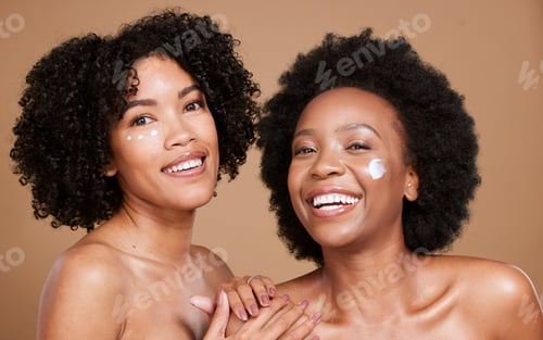 Preview: Skincare, portrait and women in studio for face, cream and product, beauty and wellness on brown ba