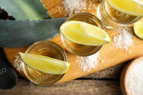 Preview: Tequila shots with lime slices, salt and agave leaves on wooden table, flat lay