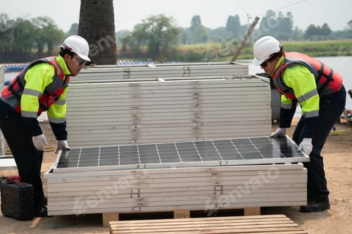 Preview: Renewable Energy Eco Technology Electric Power. Floating solar panels on lake.