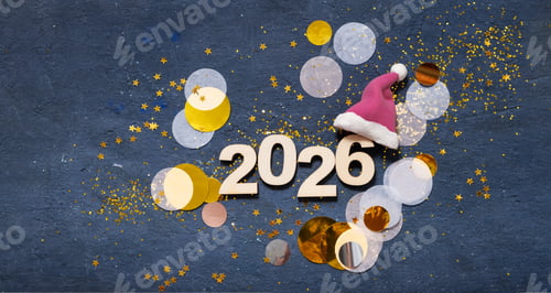 Visualização: Comemore o Ano Novo de 2026 com decorações festivas, incluindo chapéu vermelho e glitter