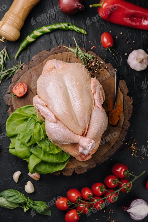 Preview: Whole raw chicken on a wooden board with spices for cooking, top view