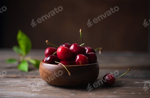 Preview: Fresh and sweet red cherries in a wooden bowl on an old brown wooden table. Dark photo