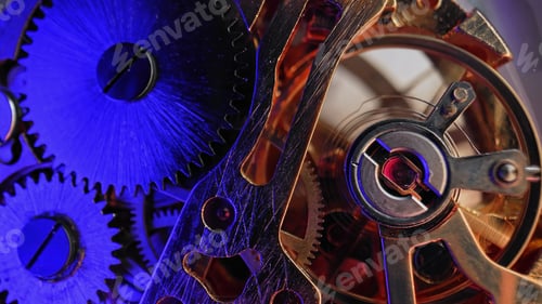 Preview: Macro mechanical vintage watch. Arrow, gears rapidly rotating. Time running fast