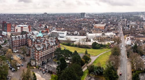 Preview: Aerial townscape view of Harrogate with The Majestic Hotel prominent
