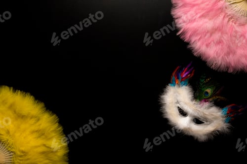 Preview: Carnival objects on a black background. Chinese fans, Coiled streamers, masks, confetti