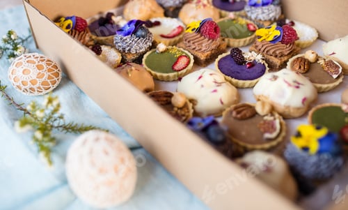 Preview: Selection of colorful and delicious cake desserts in box on table.