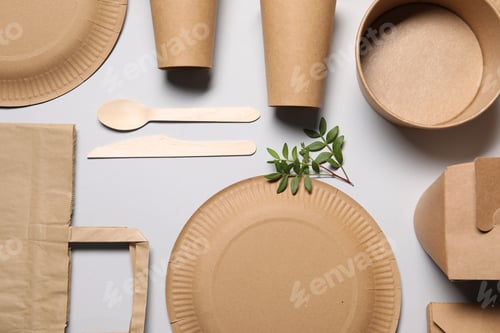 Preview: Flat lay composition with eco friendly food packagings and twig on light grey background