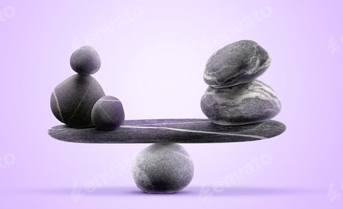 Preview: Balance shown as stacked stones on violet gradient background. Scales made with pebbles