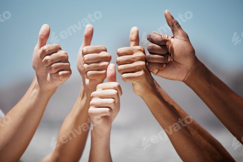 Preview: Thumbs up, hands and community fo people, friends or team together for motivation, thank you and su
