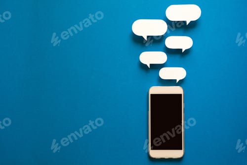 Preview: Smartphones with paper speech bubbles on blue background