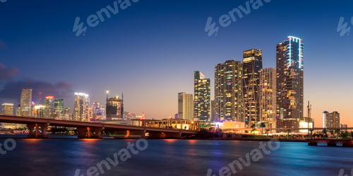 Preview: Miami City Skyline and MacArthur Causeway at Night, Florida