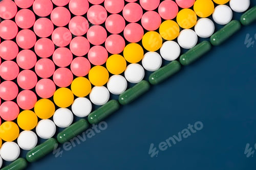 Preview: Colorful Pills and Medicine Drugs on Blue Background