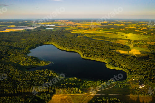 Preview: Top view of Bolta lake in the forest in the Braslav lakes National Park at dawn, the most beautiful
