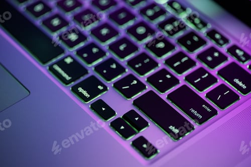Preview: Keyboard Laptop. Backlit Computer Keyboard Closeup. Hi Tech Concept