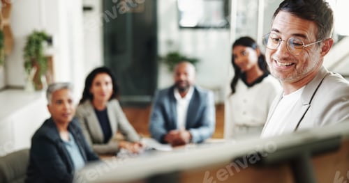 Preview: Businessman, financial review and presentation with whiteboard, budget and advisor for customer por