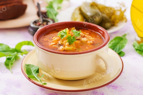 Preview: Soup with pickled cucumbers and pearl barley - rassolnik on a light background.