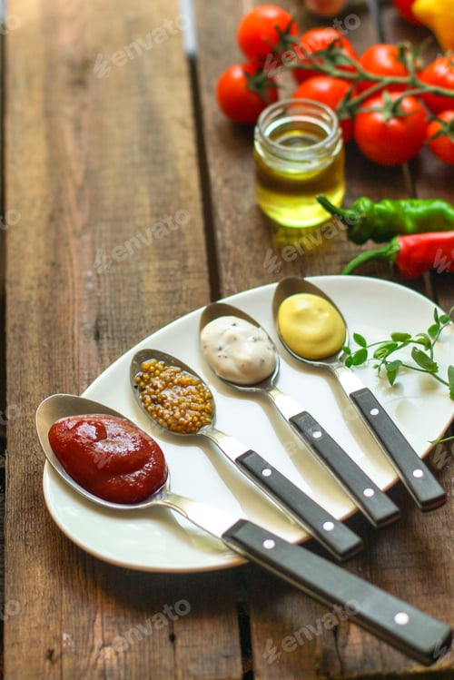 Preview: Sauces, Portion Serving (Ingredient) Different Types. Top View. Copy Space