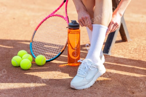 Preview: Female tennis player adjusting sock on clay court with racquet balls and water bottle