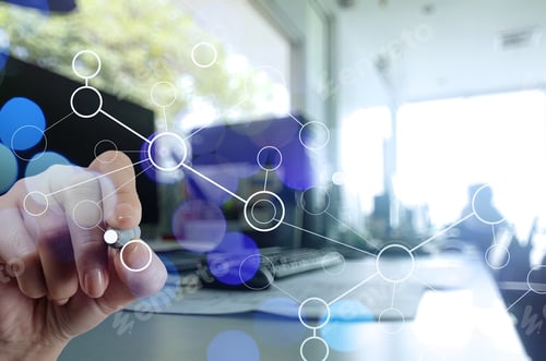 Preview: Double Exposure Of Businessman Hand Working With Blank Net Work Diagram As Digital Cloud Concept