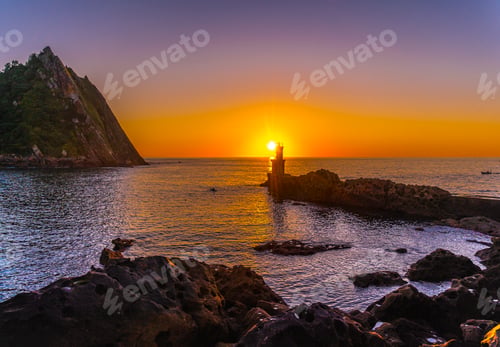 Preview: Golden hour at the Lighthouse at sunset in Pasajes San Juan near San Sebastian