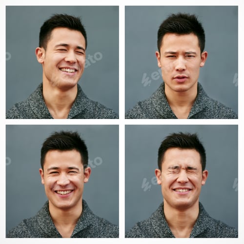 Preview: Composite shot of a young man doing different facial expressions against a grey background