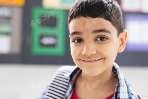 Preview: In school, young biracial boy with dark hair is smiling in the classroom