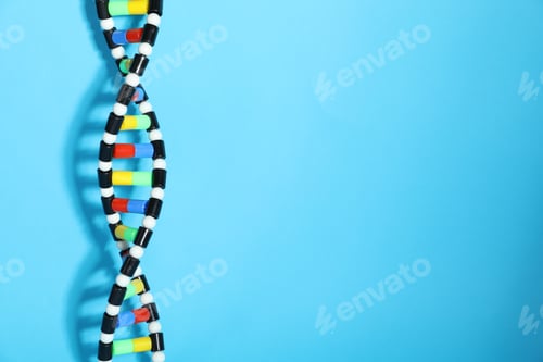 Preview: DNA structure model on light blue background, space for text
