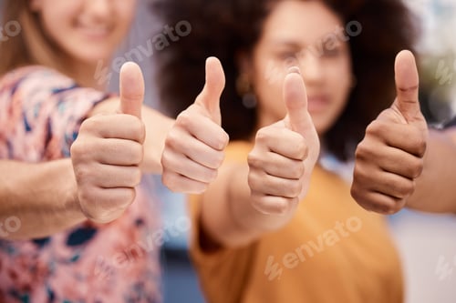 Preview: Thumbs up, success and goal of people in community with solidarity, agreement and achievement. Unio