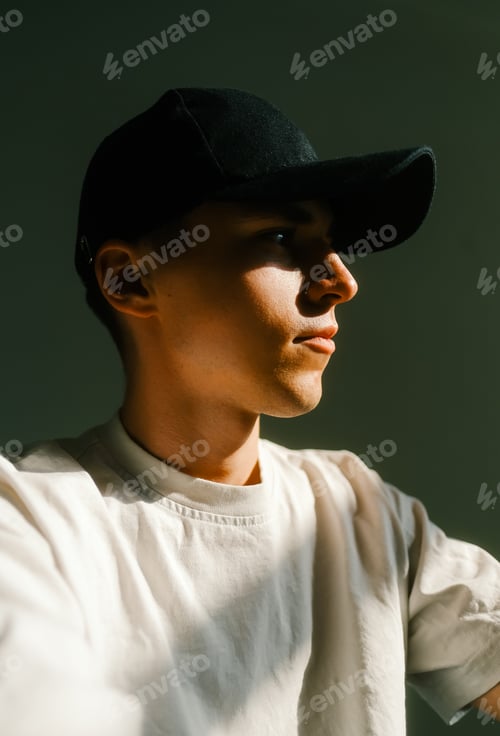 Preview: Portrait of stylish handsome caucasian man fashion model in t shirt and cap, studio shot.