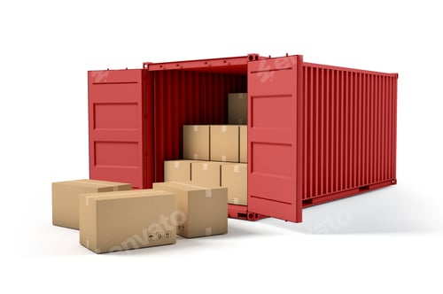 Preview: 3d rendering of a red trailer partially uploaded with cardboard boxes on a white background
