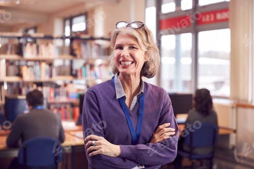 Visualização: Retrato de professora madura ou estudante na biblioteca com outros estudantes estudando em segundo plano