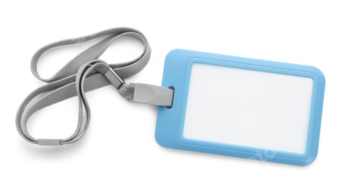 Preview: Blank light blue badge with string isolated on white, top view