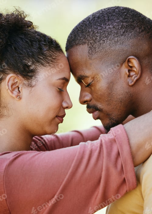 Preview: Black couple, content and peace with love and trust, forehead touch, profile and calm with relation