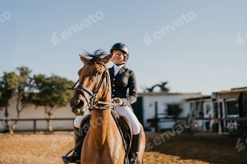 Preview: brown horse ridden by female rider out of focus