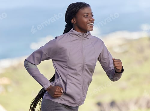 Preview: Running, fitness and training with black woman in nature for hiking, marathon and endurance. Cardio