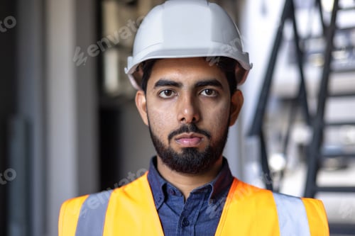Preview: Close-up portrait of a young male engineer wearing a hard hat and vest, worker worker looking