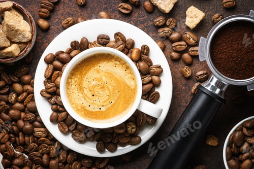 Preview: Cup of coffee, roasted coffee beans and filter holder at dark table.