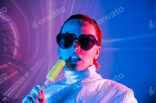 Preview: Portrait of a cyberpunk girl in heart shaped sunglasses in neon light. Seductive woman