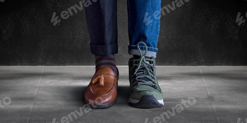 Preview: Work Life Balance Concept. Low Section of a Man Standing with Working Shoes and Casual Shoes