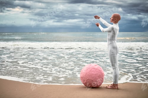 Preview: Hairless girl with alopecia in white futuristic suit standing on stone sea beach stretched out arms