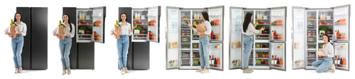 Preview: Collage of woman near open refrigerators on white background