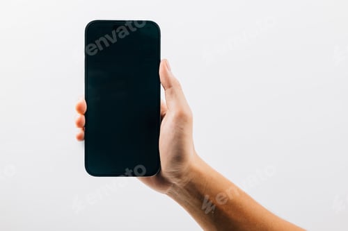 Preview: Man hand holding black smartphone mockup blank screen display, A hand holding a black cell phone