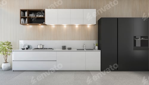 Preview: 3d rendering modern kitchen counter with white and black design